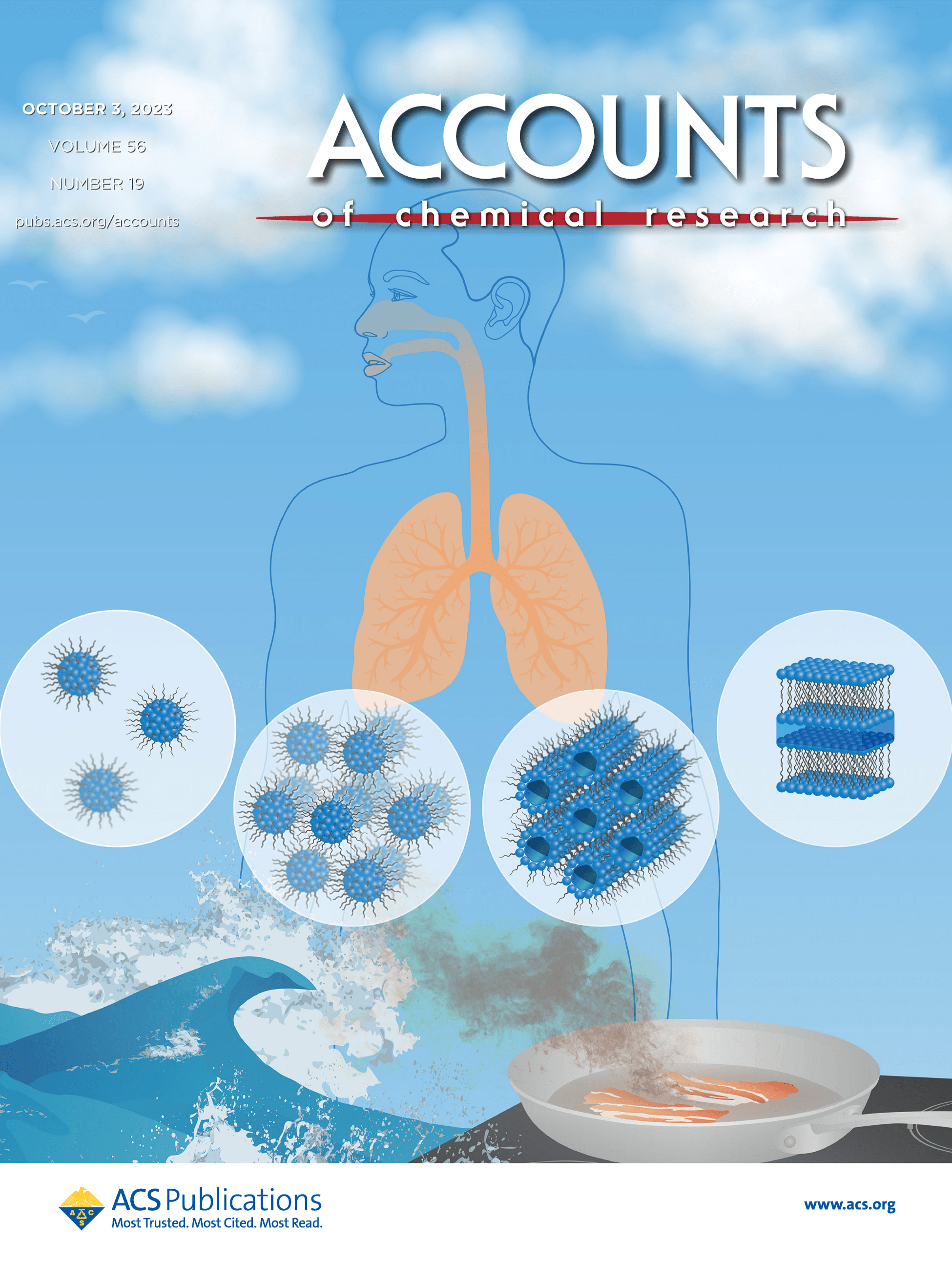 Journal cover illustration depicting human respiratory anatomy with lungs and airways, surrounded by scientific graphical representations of particles and structures, against a background of waves and a frying pan.