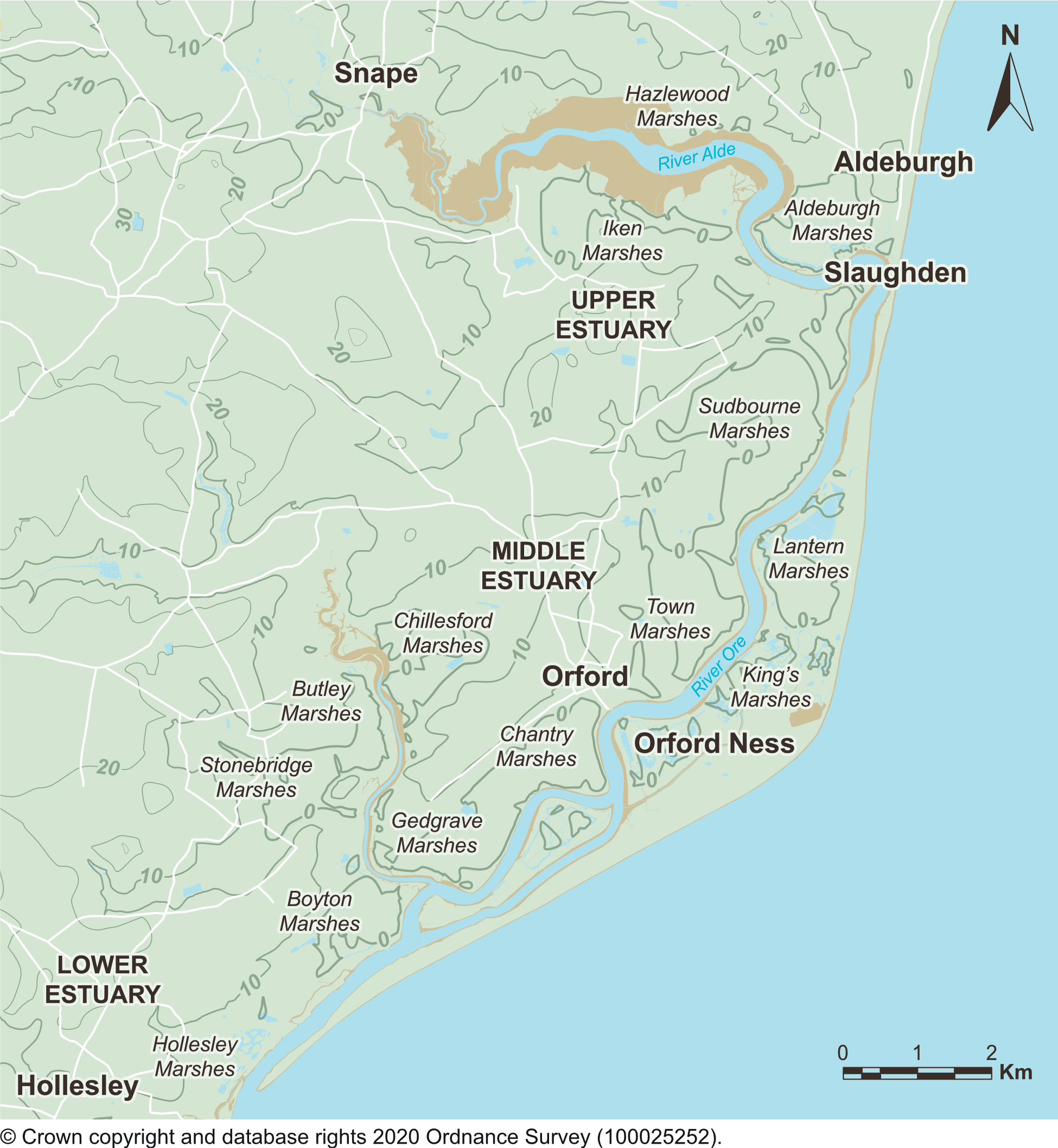Map showing the Alde River estuary, including Upper Estuary, Middle Estuary, and Lower Estuary regions, with labeled marshes and towns such as Snape, Aldeburgh, and Orford.