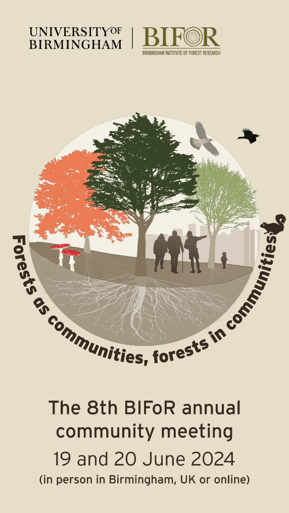 Graphic showing trees, birds and people to advertise a conference for the Birmingham Institute of Forest Research
