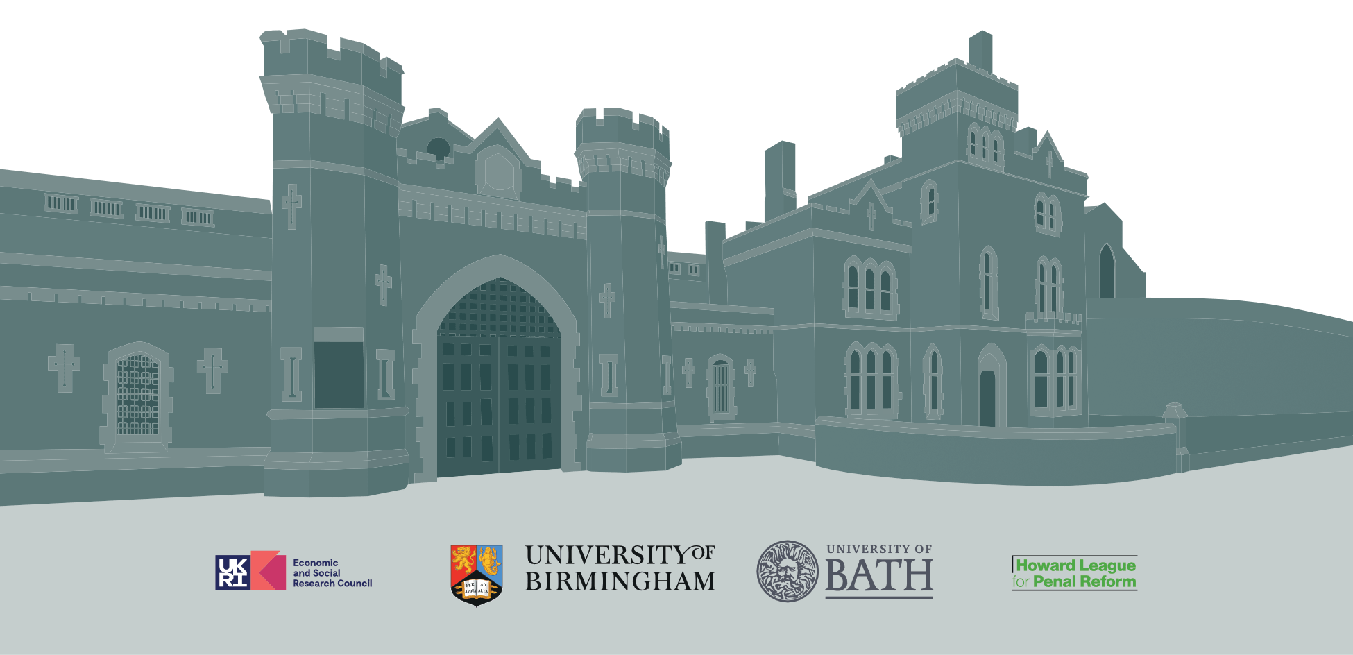 Architectural illustration of Lincoln Prison created for carceral geography research exhibition and academic presentations.