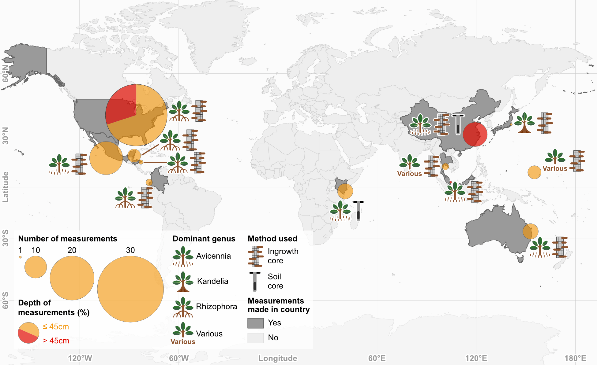 World map displaying data on mangrove measurements, including the number of measurements, dominant genus (Avicennia, Kandelia, Rhizophora, Various), and depth of measurements across different regions.