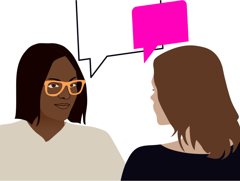 Two illustrated women engaging in conversation, one wearing orange glasses and the other with brown hair, with speech bubbles above them.