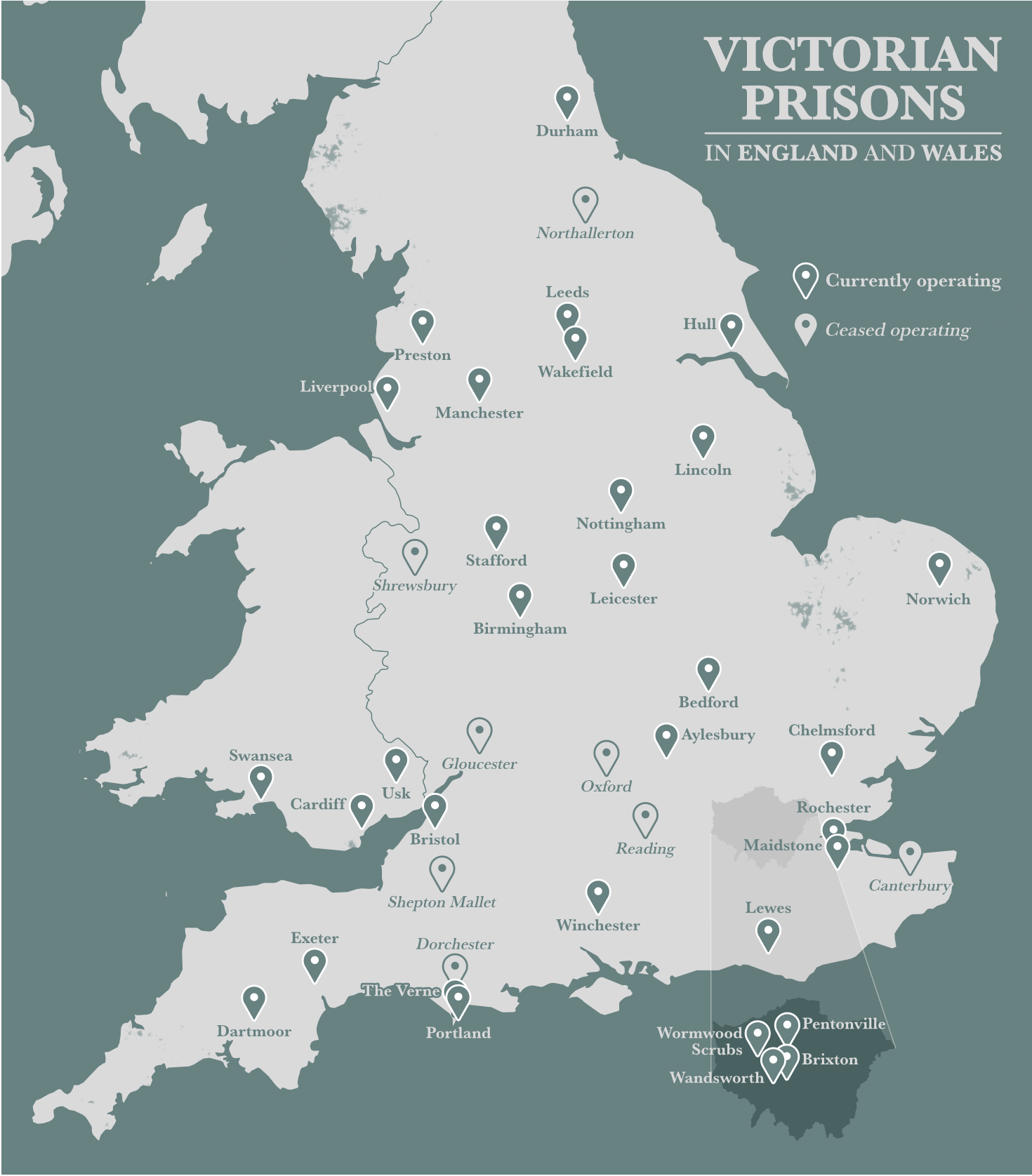 Map of Victorian prisons in England and Wales, highlighting locations of currently operating prisons as well as those that have ceased operating.